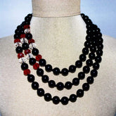 FBT - Multi-Strand Black Onyx Agate With Red and White Crystal Elegant Beaded Necklace - FashionByTeresa
